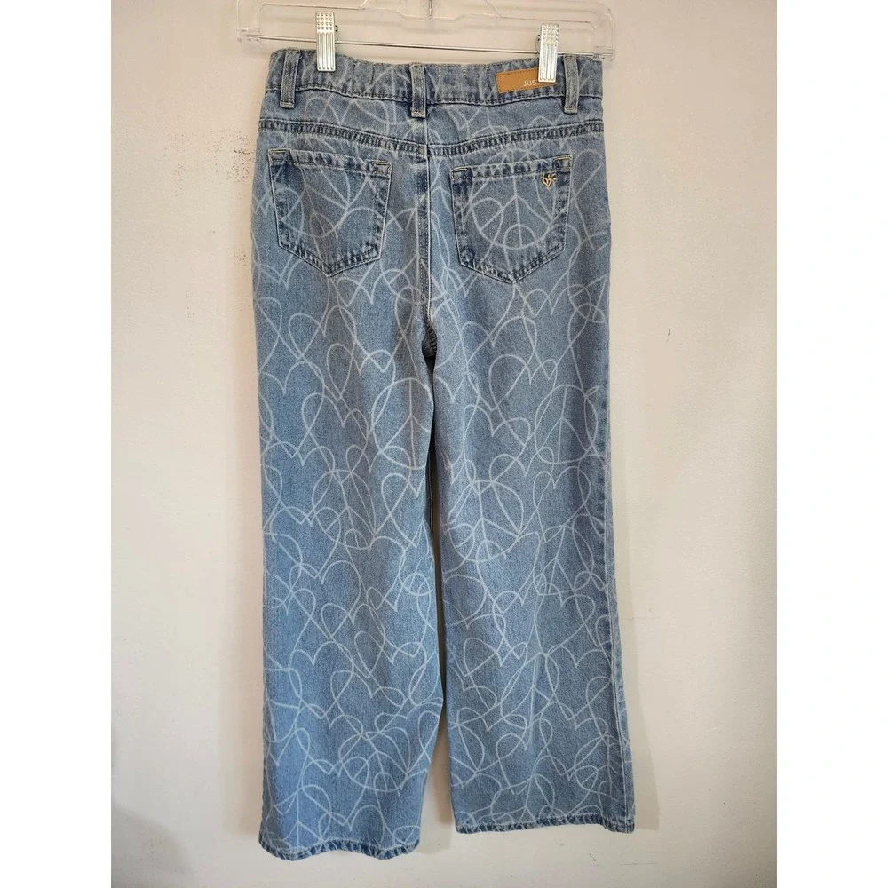 Justice Girls Size 12 Wide‎ Leg Jeans Light Wash Heart Peace Sign Print Cotton